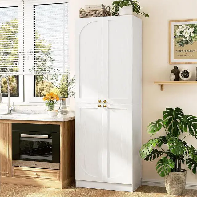 Alt view image 7 of 7 - 80" Kitchen Pantry, Extra Tall Arch Storage Cabinet with 8 Soft Close Doors and Adjustable Shelves, Freestanding Wood Cupboard with Seamless Fit Wall for Dining Living Room Bathroom Furniture