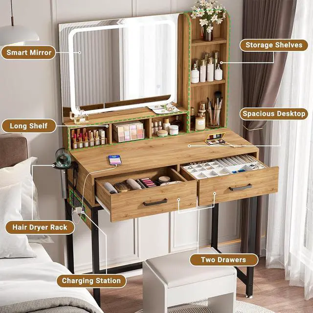 Alt view image 4 of 7 - Small Vanity Desk, Vanity Desk with Mirror and Lights, Makeup Vanity Desks with Power Strip, Vanity Table with Drawers and Shelves, Adjustable Lighting, Dressing Table for Bedroom Room, Nature Oak
