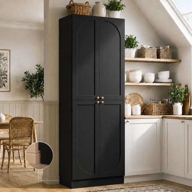 Alt view image 2 of 7 - 80" Kitchen Pantry, Extra Tall Arch Storage Cabinet with 4 Soft Close Doors and Adjustable Shelves, Freestanding Wood Cupboard with Seamless Fit Wall for Dining Living Room (Black, 1 Pack)