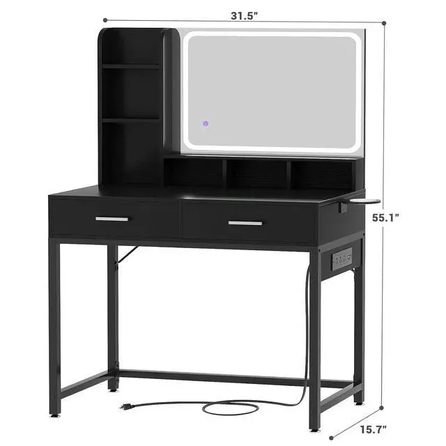 Alt view image 6 of 7 - Small Vanity Desk, Vanity Desk with Mirror and Lights, Makeup Vanity Desks with Power Strip, Vanity Table with Drawers and Shelves, Adjustable Lighting, Dressing Table for Bedroom Room, Black