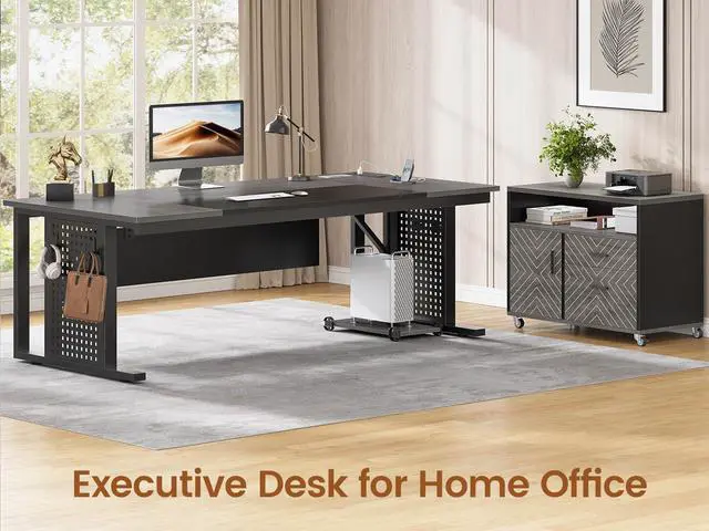 Alt view image 3 of 7 - 71" Executive Desk with Rolling File Cabinet, Large Office Desk with Drawers, L Shaped Computer Desk with Power Outlets, CPU Stand, Pegboard and Storage Shelves, Gray