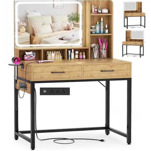 Main image of Small Vanity Desk, Vanity Desk with Mirror and Lights, Makeup Vanity Desks with Power Strip, Vanity Table with Drawers and Shelves, Adjustable Lighting, Dressing Table for Bedroom Room, Nature Oak