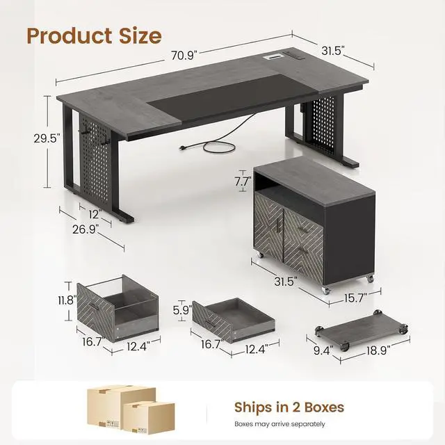 Alt view image 2 of 7 - 71" Executive Desk with Rolling File Cabinet, Large Office Desk with Drawers, L Shaped Computer Desk with Power Outlets, CPU Stand, Pegboard and Storage Shelves, Gray