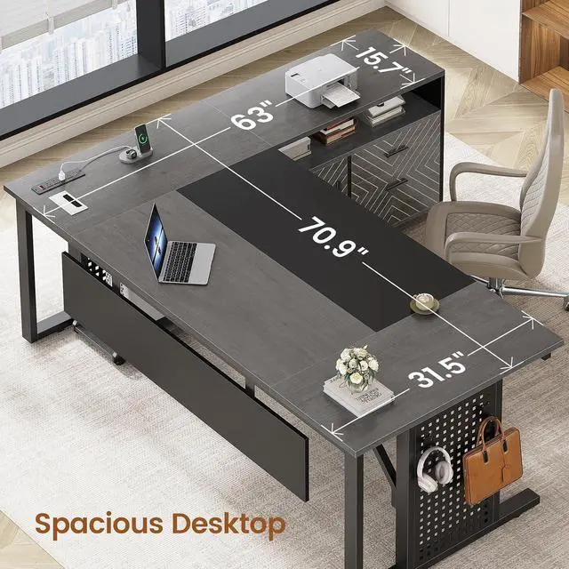 Alt view image 4 of 7 - 71" Executive Desk with Rolling File Cabinet, Large Office Desk with Drawers, L Shaped Computer Desk with Power Outlets, CPU Stand, Pegboard and Storage Shelves, Gray