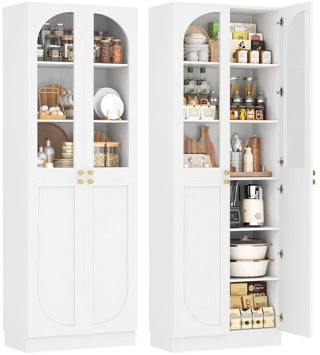 Main image of 80" Kitchen Pantry, Tall Arch Storage Cabinet with Tempered Glass & Soft Close Doors, Freestanding Wood Floor Cupboard Bookcase with Seamless Fit Wall for Dining Living Room, Bathroom (White)