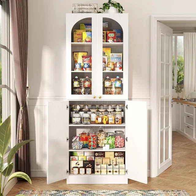 Alt view image 2 of 7 - 80" Kitchen Pantry, Tall Arch Storage Cabinet with Tempered Glass & Soft Close Doors, Freestanding Wood Floor Cupboard Bookcase with Seamless Fit Wall for Dining Living Room, Bathroom (White)