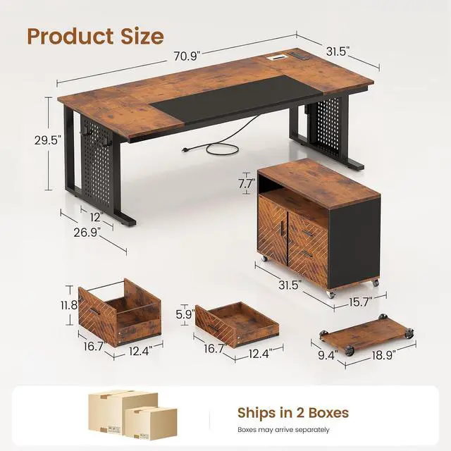 Alt view image 2 of 7 - 71" Executive Desk with Rolling File Cabinet, Large Office Desk with Drawers, L Shaped Computer Desk with Power Outlets, CPU Stand, Pegboard and Storage Shelves, Rustic Brown
