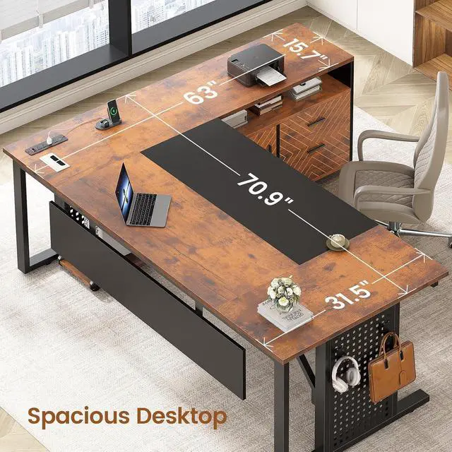 Alt view image 4 of 7 - 71" Executive Desk with Rolling File Cabinet, Large Office Desk with Drawers, L Shaped Computer Desk with Power Outlets, CPU Stand, Pegboard and Storage Shelves, Rustic Brown