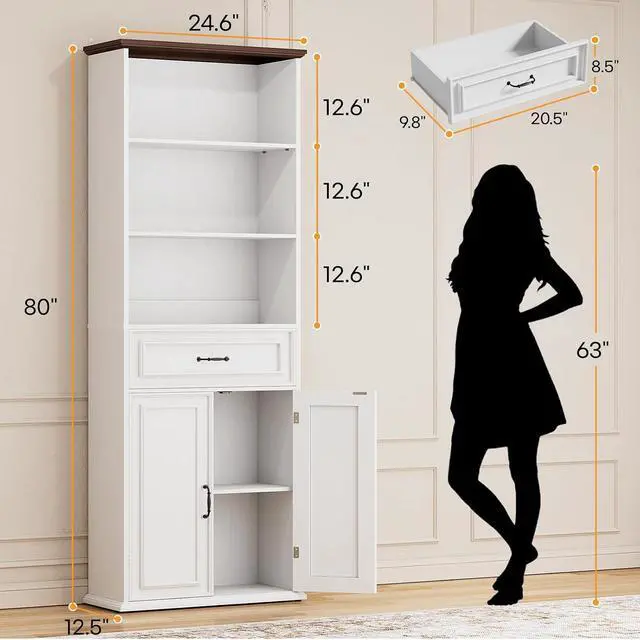 Alt view image 2 of 7 - 80" Tall Bookcase Set of 2, Farmhouse 2 Set Bookshelves with Drawer and Doors, Floor Standing 6 Shelf Display Storage Cabinet for Home Office, Living Room (2, Antique White/Walnut)