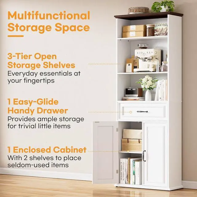 Alt view image 5 of 7 - 80" Tall Bookcase, Farmhouse Bookshelves with Drawer and Doors, Floor Standing 6 Shelf Display Storage Cabinet for Home Office, Living Room (1, Antique White/Walnut)