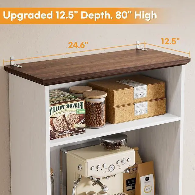 Alt view image 2 of 7 - 80" Tall Bookcase, Farmhouse Bookshelves with Drawer and Doors, Floor Standing 6 Shelf Display Storage Cabinet for Home Office, Living Room (1, Antique White/Walnut)