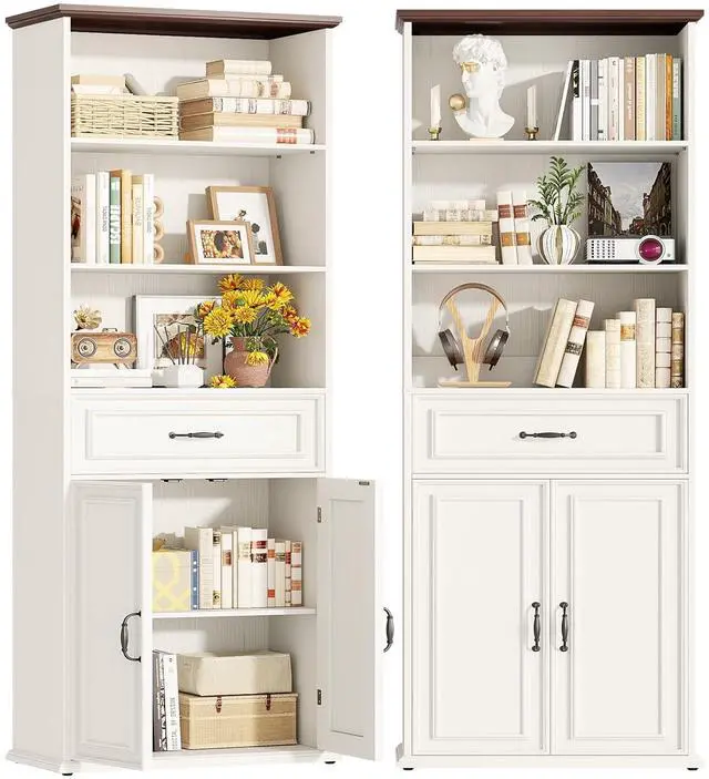 Alt view image 3 of 7 - 80" Tall Bookcase Set of 2, Farmhouse 2 Set Bookshelves with Drawer and Doors, Floor Standing 6 Shelf Display Storage Cabinet for Home Office, Living Room (2, Antique White/Walnut)