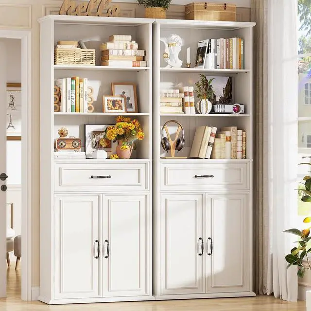 Main image of 80" Tall Bookcase Set of 2, Farmhouse 2 Set Bookshelves with Drawer and Doors, Floor Standing 6 Shelf Display Storage Cabinet for Home Office, Living Room (2, Antique White)