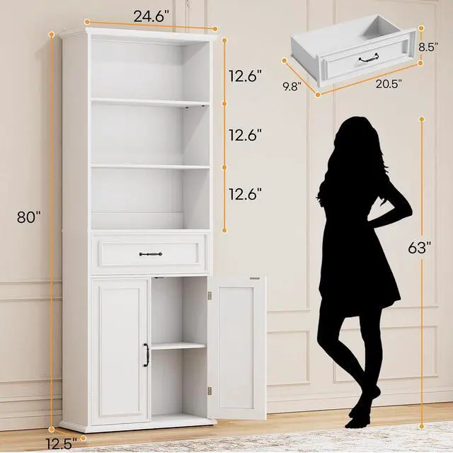 Alt view image 2 of 7 - 80" Tall Bookcase Set of 2, Farmhouse 2 Set Bookshelves with Drawer and Doors, Floor Standing 6 Shelf Display Storage Cabinet for Home Office, Living Room (2, Antique White)