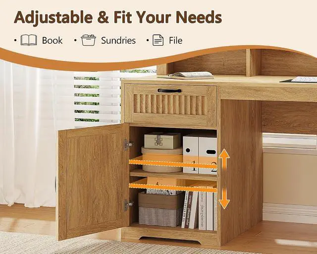 Alt view image 7 of 7 - 63" L Shaped Desk with Drawers, Farmhouse Corner Computer Desk with Power Outlets, Storage Cabinet, Home Office Executive Desk with Long Monitor Stand, Oak