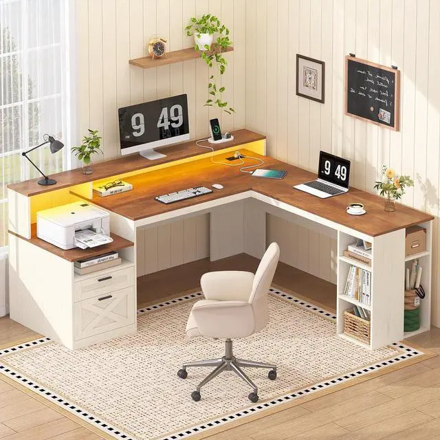 Main image of Farmhouse L Shaped Desk with Drawers & Storage Shelves, 63" Corner Computer Desk with Power Outlets & LED Lights, Home Office Desks with File Drawer, Monitor Stand, Brown and White