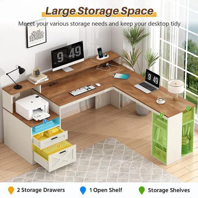 Alt view image 4 of 7 - Farmhouse L Shaped Desk with Drawers & Storage Shelves, 63" Corner Computer Desk with Power Outlets & LED Lights, Home Office Desks with File Drawer, Monitor Stand, Brown and White