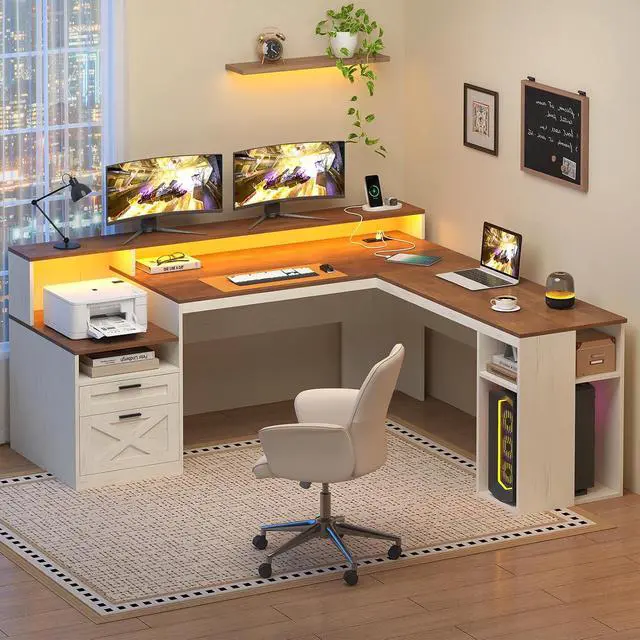 Alt view image 3 of 7 - Farmhouse L Shaped Desk with Drawers & Storage Shelves, 63" Corner Computer Desk with Power Outlets & LED Lights, Home Office Desks with File Drawer, Monitor Stand, Brown and White