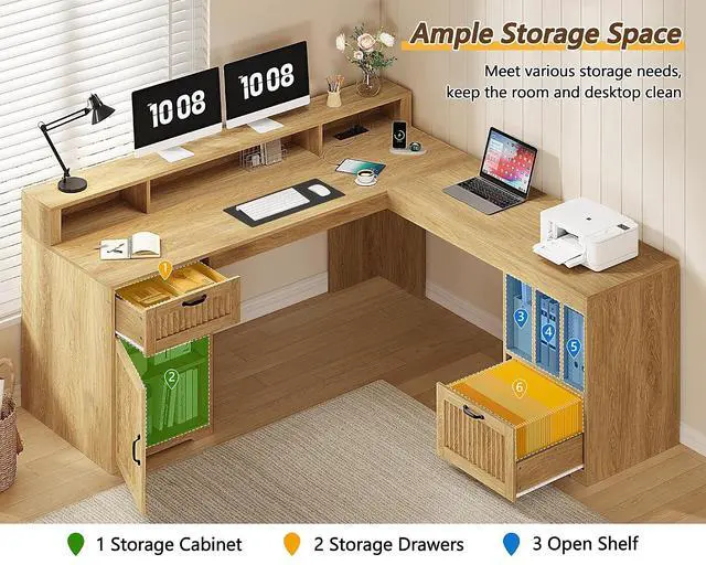 Alt view image 5 of 7 - 63" L Shaped Desk with Drawers, Farmhouse Corner Computer Desk with Power Outlets, Storage Cabinet, Home Office Executive Desk with Long Monitor Stand, Oak