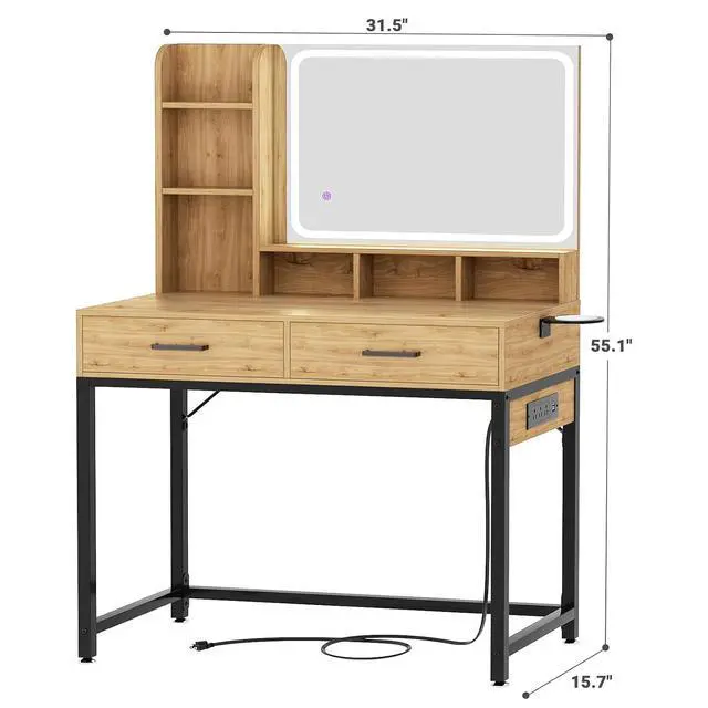 Alt view image 6 of 7 - Small Vanity Desk, Vanity Desk with Mirror and Lights, Makeup Vanity Desks with Power Strip, Vanity Table with Drawers and Shelves, Adjustable Lighting, Dressing Table for Bedroom Room, Nature Oak