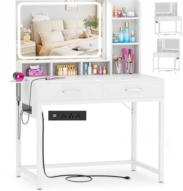 Main image of Small Vanity Desk, Vanity Desk with Mirror and Lights, Makeup Vanity Desks with Power Strip, Vanity Table with Drawers and Shelves, Adjustable Lighting, Dressing Table for Bedroom Dressing Room, White