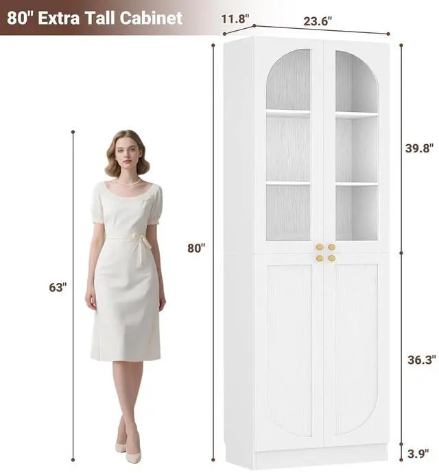 Alt view image 3 of 7 - 80" Kitchen Pantry, Tall Arch Storage Cabinet with Tempered Glass & Soft Close Doors, Freestanding Wood Floor Cupboard Bookcase with Seamless Fit Wall for Dining Living Room, Bathroom (White)