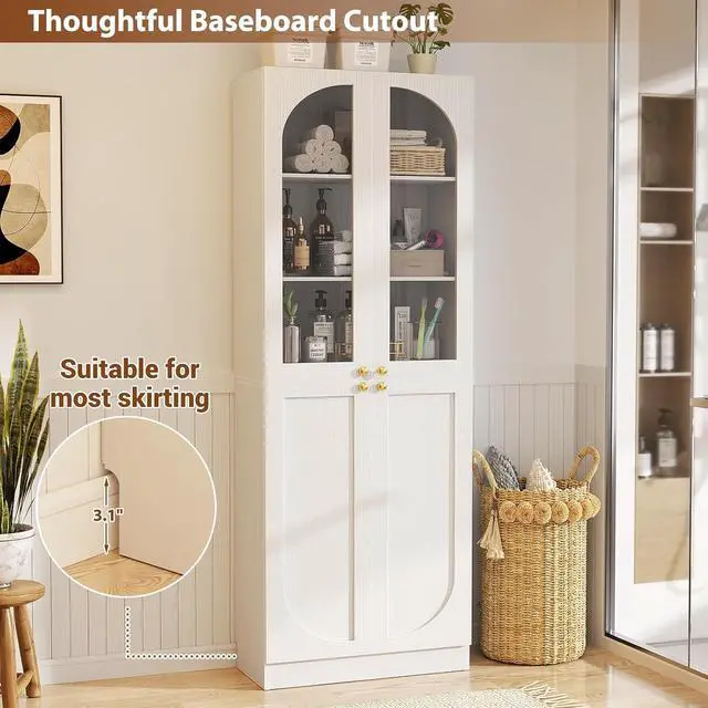 Alt view image 6 of 7 - 80" Kitchen Pantry, Tall Arch Storage Cabinet with Tempered Glass & Soft Close Doors, Freestanding Wood Floor Cupboard Bookcase with Seamless Fit Wall for Dining Living Room, Bathroom (White)