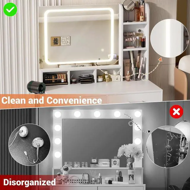 Alt view image 3 of 7 - Small Vanity Desk, Vanity Desk with Mirror and Lights, Makeup Vanity Desks with Power Strip, Vanity Table with Drawers and Shelves, Adjustable Lighting, Dressing Table for Bedroom Dressing Room, White