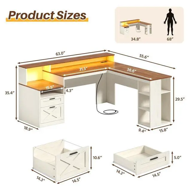 Alt view image 2 of 7 - Farmhouse L Shaped Desk with Drawers & Storage Shelves, 63" Corner Computer Desk with Power Outlets & LED Lights, Home Office Desks with File Drawer, Monitor Stand, Brown and White