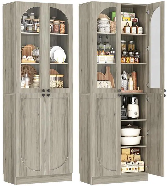 Main image of 80" Kitchen Pantry, Tall Arch Storage Cabinet with Tempered Glass & Soft Close Doors, Freestanding Wood Floor Cupboard Bookcase with Seamless Fit Wall for Dining Room, Living Room, Bathroom