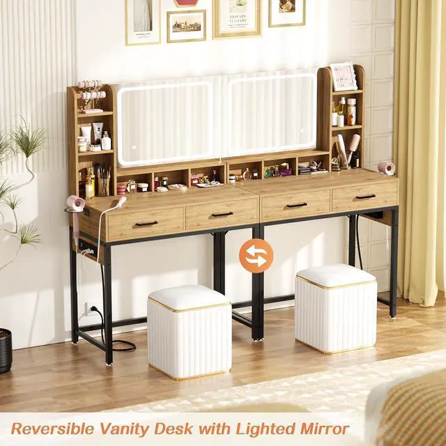 Alt view image 7 of 7 - Small Vanity Desk, Vanity Desk with Mirror and Lights, Makeup Vanity Desks with Power Strip, Vanity Table with Drawers and Shelves, Adjustable Lighting, Dressing Table for Bedroom Room, Nature Oak