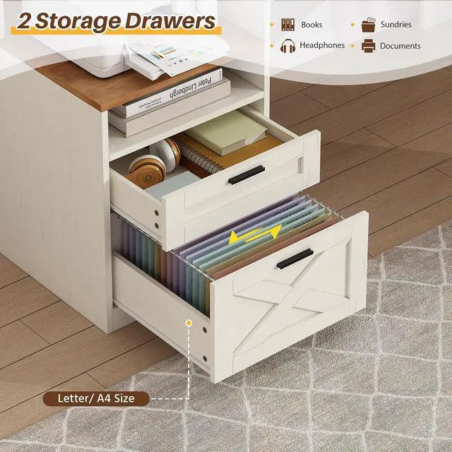 Alt view image 5 of 7 - Farmhouse L Shaped Desk with Drawers & Storage Shelves, 63" Corner Computer Desk with Power Outlets & LED Lights, Home Office Desks with File Drawer, Monitor Stand, Brown and White