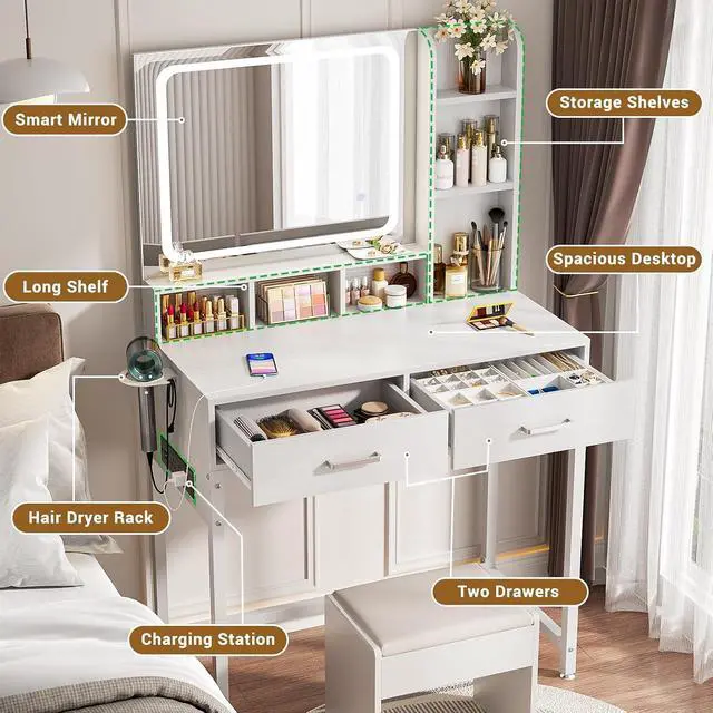 Alt view image 4 of 7 - Small Vanity Desk, Vanity Desk with Mirror and Lights, Makeup Vanity Desks with Power Strip, Vanity Table with Drawers and Shelves, Adjustable Lighting, Dressing Table for Bedroom Dressing Room, White