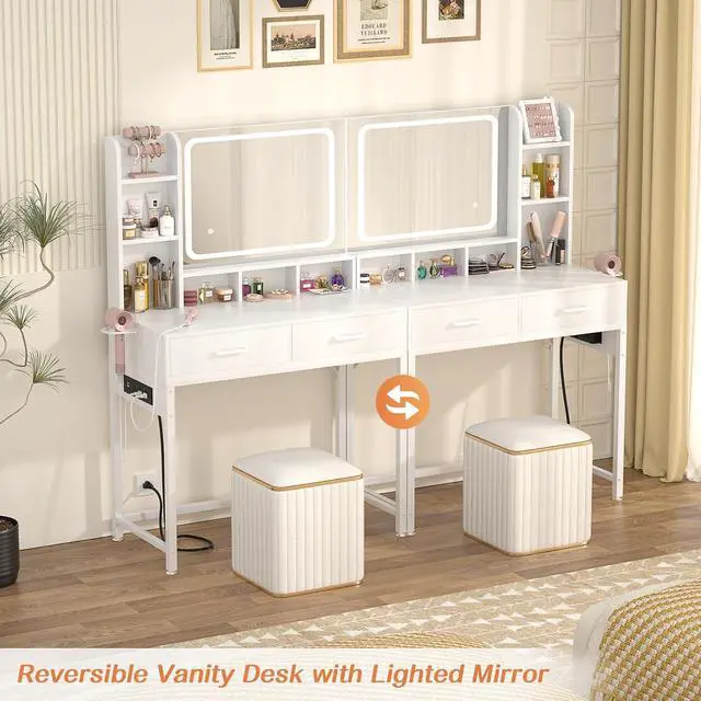Alt view image 7 of 7 - Small Vanity Desk, Vanity Desk with Mirror and Lights, Makeup Vanity Desks with Power Strip, Vanity Table with Drawers and Shelves, Adjustable Lighting, Dressing Table for Bedroom Dressing Room, White