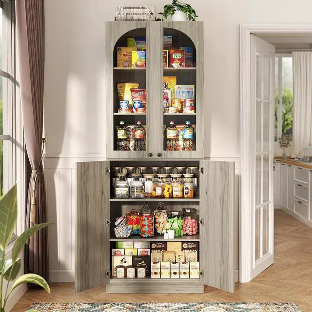 Alt view image 2 of 7 - 80" Kitchen Pantry, Tall Arch Storage Cabinet with Tempered Glass & Soft Close Doors, Freestanding Wood Floor Cupboard Bookcase with Seamless Fit Wall for Dining Room, Living Room, Bathroom