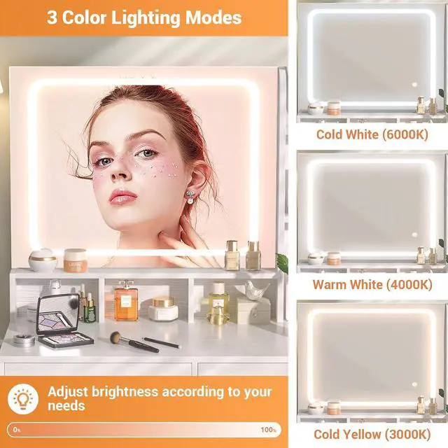 Alt view image 2 of 7 - Small Vanity Desk, Vanity Desk with Mirror and Lights, Makeup Vanity Desks with Power Strip, Vanity Table with Drawers and Shelves, Adjustable Lighting, Dressing Table for Bedroom Dressing Room, White