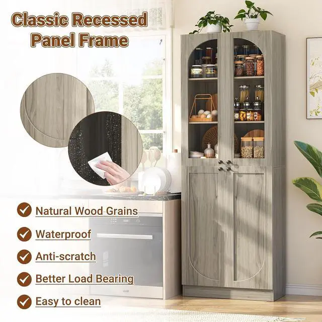 Alt view image 5 of 7 - 80" Kitchen Pantry, Tall Arch Storage Cabinet with Tempered Glass & Soft Close Doors, Freestanding Wood Floor Cupboard Bookcase with Seamless Fit Wall for Dining Room, Living Room, Bathroom