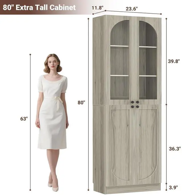 Alt view image 3 of 7 - 80" Kitchen Pantry, Tall Arch Storage Cabinet with Tempered Glass & Soft Close Doors, Freestanding Wood Floor Cupboard Bookcase with Seamless Fit Wall for Dining Room, Living Room, Bathroom