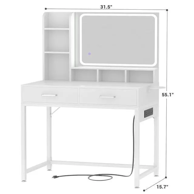 Alt view image 6 of 7 - Small Vanity Desk, Vanity Desk with Mirror and Lights, Makeup Vanity Desks with Power Strip, Vanity Table with Drawers and Shelves, Adjustable Lighting, Dressing Table for Bedroom Dressing Room, White
