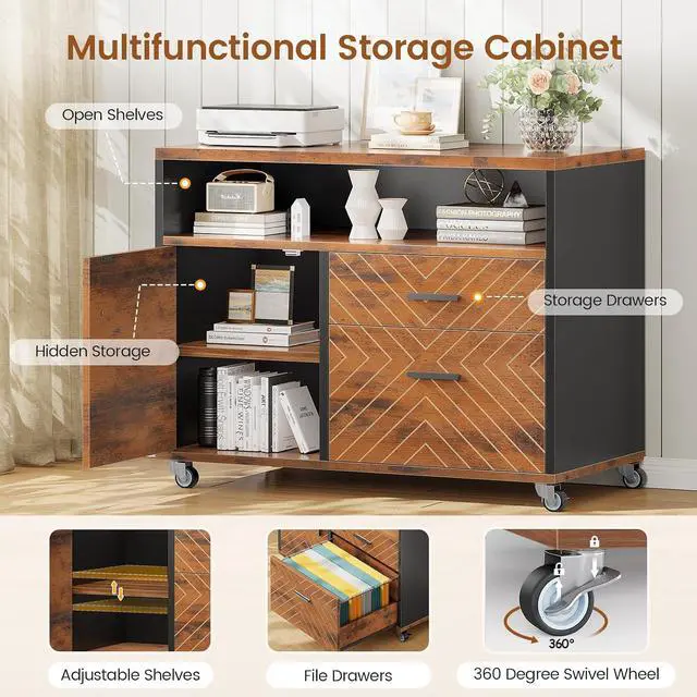 Alt view image 5 of 7 - 71" Executive Desk with Rolling File Cabinet, Large Office Desk with Drawers, L Shaped Computer Desk with Power Outlets, CPU Stand, Pegboard and Storage Shelves, Rustic Brown
