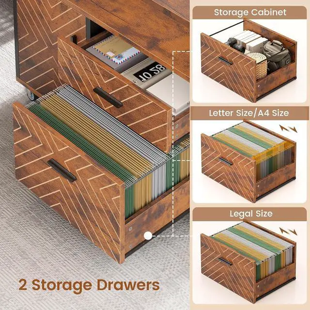 Alt view image 6 of 7 - 71" Executive Desk with Rolling File Cabinet, Large Office Desk with Drawers, L Shaped Computer Desk with Power Outlets, CPU Stand, Pegboard and Storage Shelves, Rustic Brown