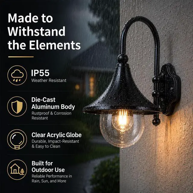Alt view image 3 of 7 - Outdoor Waterproof Wall Sconce Vintage Gooseneck Porch Wall Lighting Aluminum Acrylic Farmhouse Wall Lamp Black Retro Exterior Barn Light, 18.9 Inch E26/E27 Base