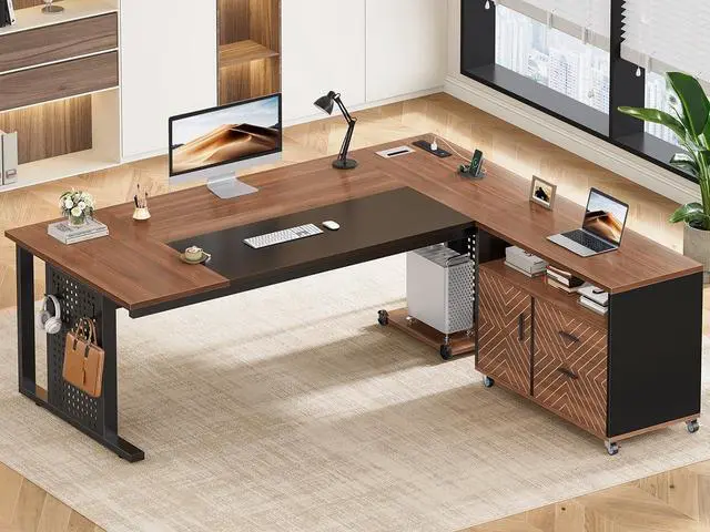 Main image of 71" Executive Desk with Rolling File Cabinet, Large Office Desk with Drawers, L Shaped Computer Desk with Power Outlets, CPU Stand, Pegboard and Storage Shelves, Brown