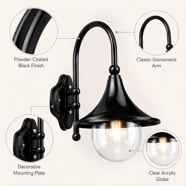 Alt view image 7 of 7 - Outdoor Waterproof Wall Sconce Vintage Gooseneck Porch Wall Lighting Aluminum Acrylic Farmhouse Wall Lamp Black Retro Exterior Barn Light, 18.9 Inch E26/E27 Base