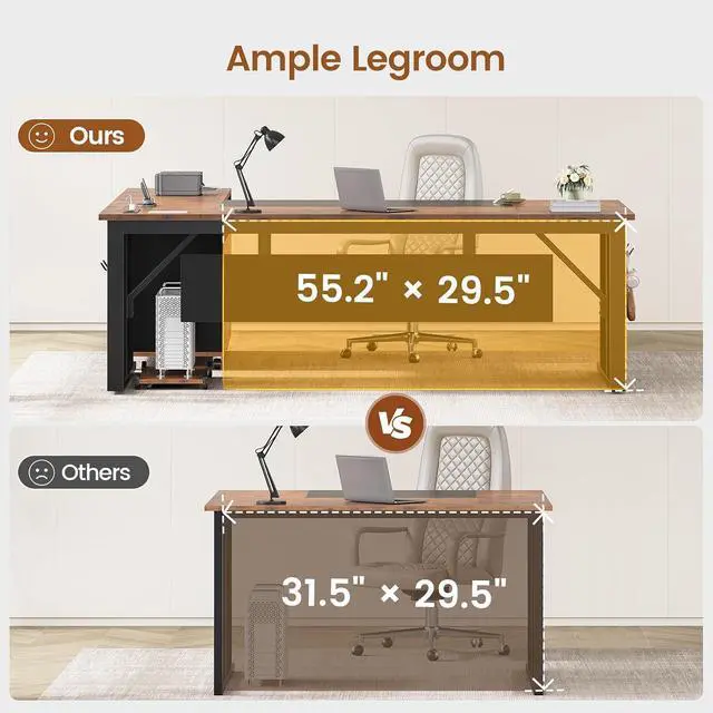 Alt view image 7 of 7 - 71" Executive Desk with Rolling File Cabinet, Large Office Desk with Drawers, L Shaped Computer Desk with Power Outlets, CPU Stand, Pegboard and Storage Shelves, Rustic Brown