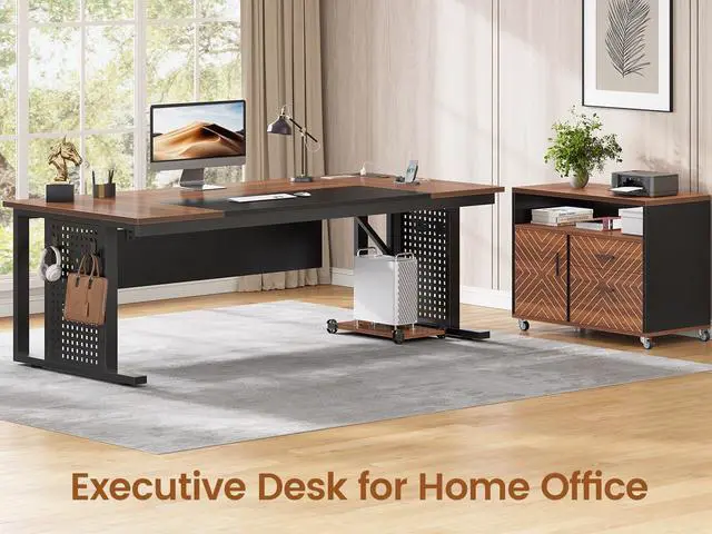 Alt view image 3 of 7 - 71" Executive Desk with Rolling File Cabinet, Large Office Desk with Drawers, L Shaped Computer Desk with Power Outlets, CPU Stand, Pegboard and Storage Shelves, Brown