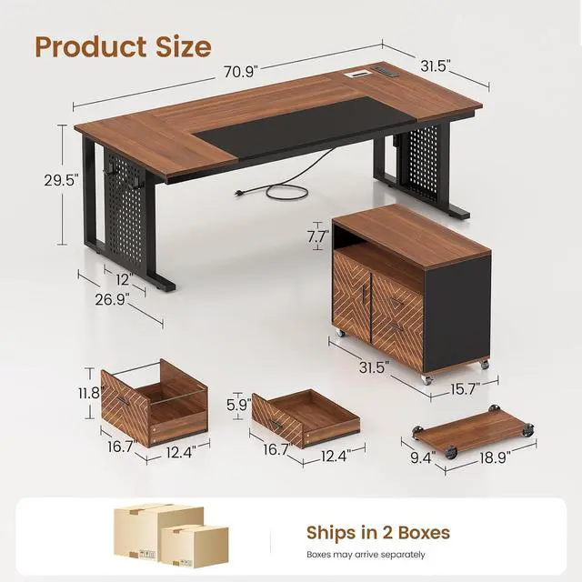 Alt view image 2 of 7 - 71" Executive Desk with Rolling File Cabinet, Large Office Desk with Drawers, L Shaped Computer Desk with Power Outlets, CPU Stand, Pegboard and Storage Shelves, Brown