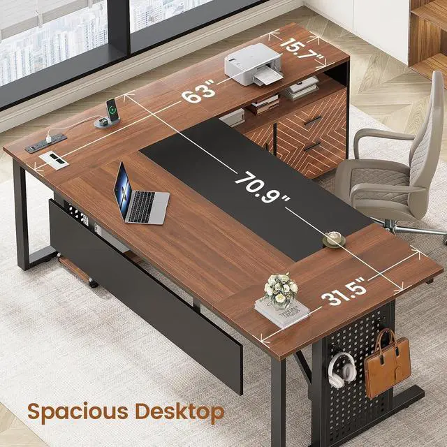 Alt view image 4 of 7 - 71" Executive Desk with Rolling File Cabinet, Large Office Desk with Drawers, L Shaped Computer Desk with Power Outlets, CPU Stand, Pegboard and Storage Shelves, Brown