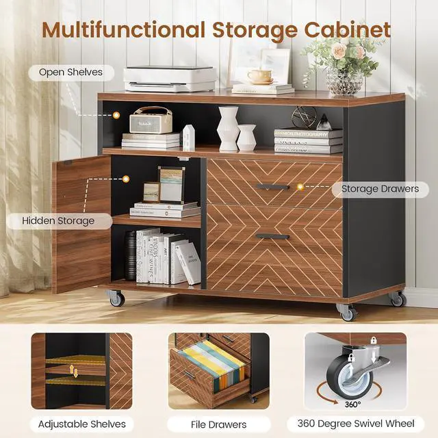 Alt view image 5 of 7 - 71" Executive Desk with Rolling File Cabinet, Large Office Desk with Drawers, L Shaped Computer Desk with Power Outlets, CPU Stand, Pegboard and Storage Shelves, Brown