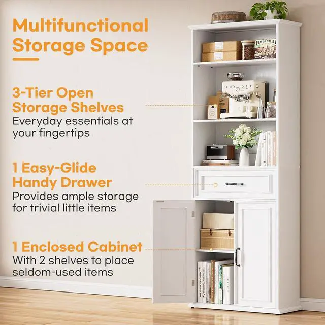 Alt view image 5 of 7 - 80" Tall Bookcase Set of 2, Farmhouse 2 Set Bookshelves with Drawer and Doors, Floor Standing 6 Shelf Display Storage Cabinet for Home Office, Living Room (2, Antique White)